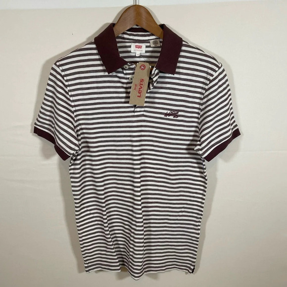 NWT!! Levi's Men's Polo Shirt Brown/white Striped 100% Cotton Casual Size Small - Picture 1 of 5